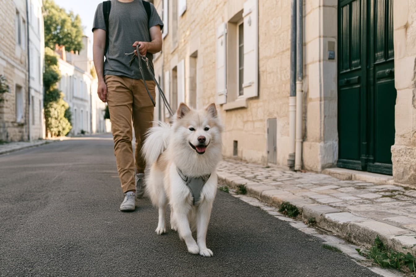 Aïko, finnois de Laponie crème et fauve, marche en harnais devant son accompagnant dans une rue bordée de façades en pierre.