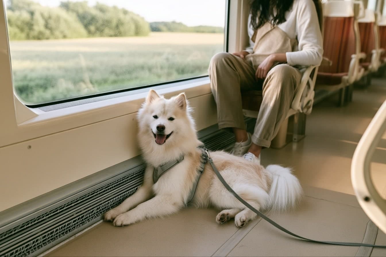 Aïko est couché près de la fenêtre d’un train, au pied d’une voyageuse, avec son harnais gris et sa laisse.
