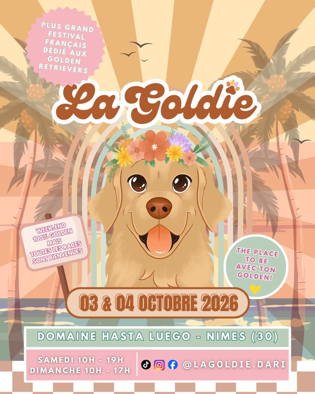 Affiche illustrée de La Goldie avec un golden retriever, les dates des 3 et 4 octobre 2026 et le lieu du festival à Nîmes