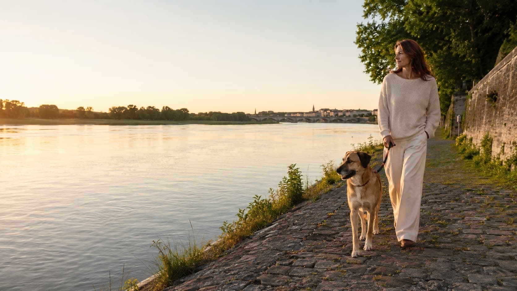 Une promeneuse et son chien longent une berge au bord d'un fleuve, en fin de journée.